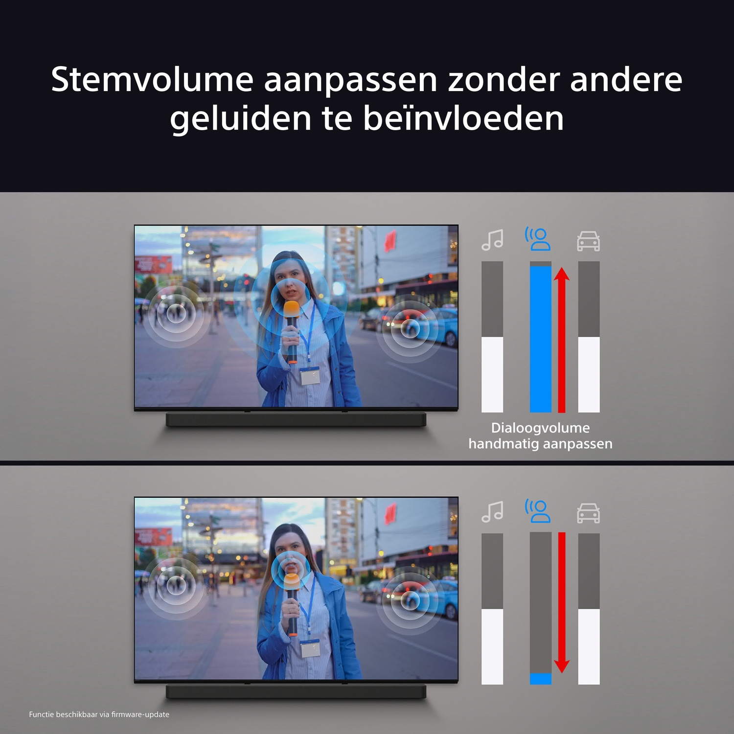 TV screen showing a woman talking, volume bars, car icon. Diagram shows adjusting volume.