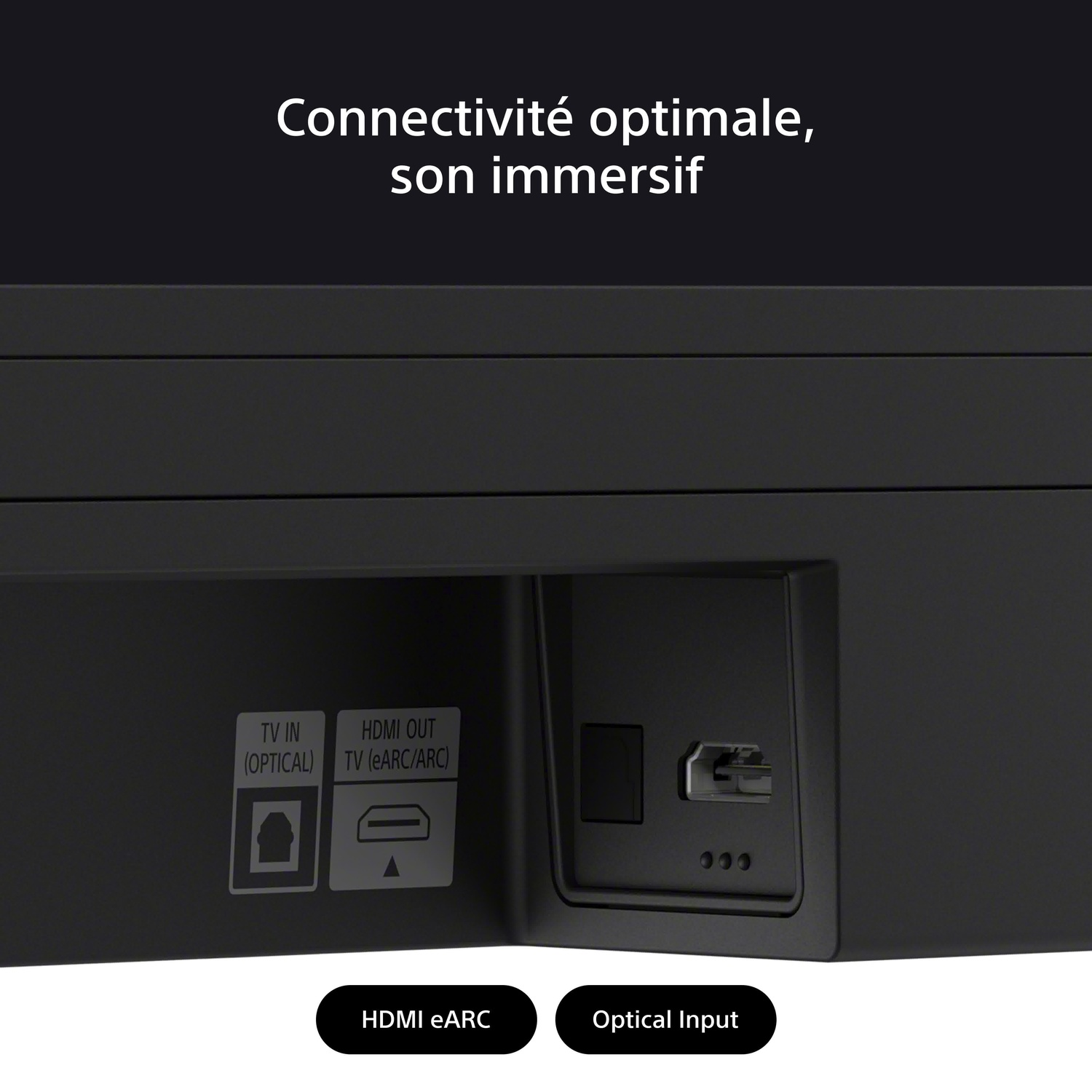 Panneau arrière de barre de son noire. Ports TV in, HDMI et petit bouton.