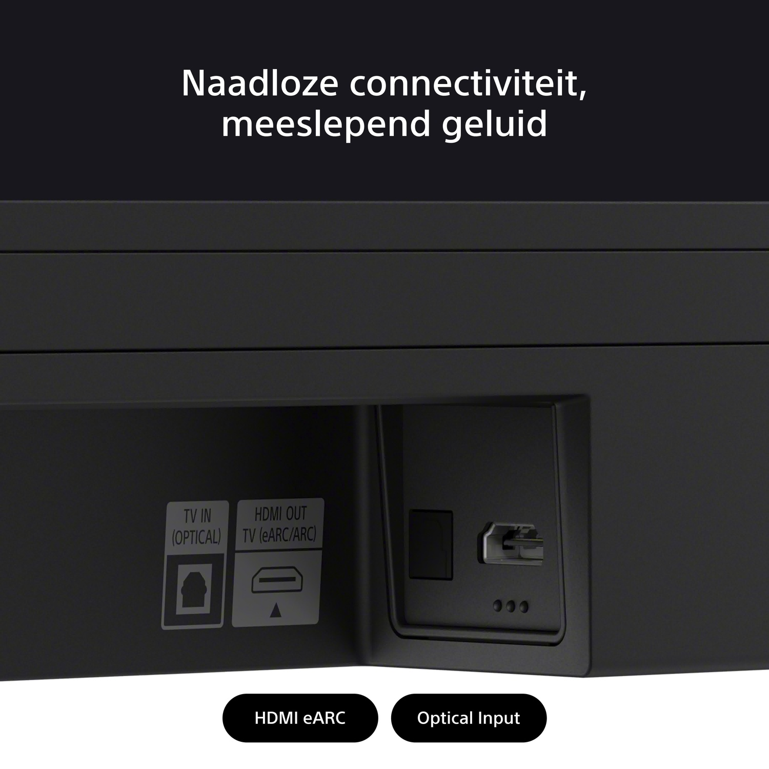 Close-up of an audio device's ports. The device is black, with text labels.