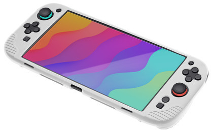 Białe urządzenie do gier przenośnych z kolorowym ekranem, przyciskami i joystickami.