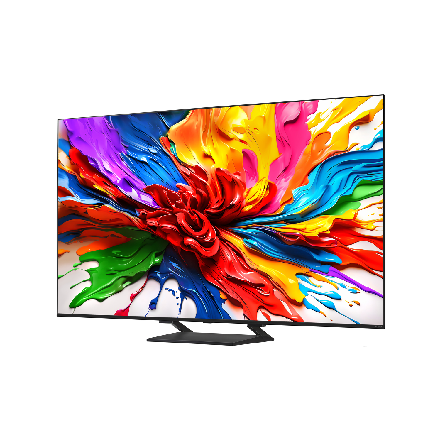 Een grote tv toont een kleurrijke abstracte verfspat, gemonteerd op een zwarte standaard.