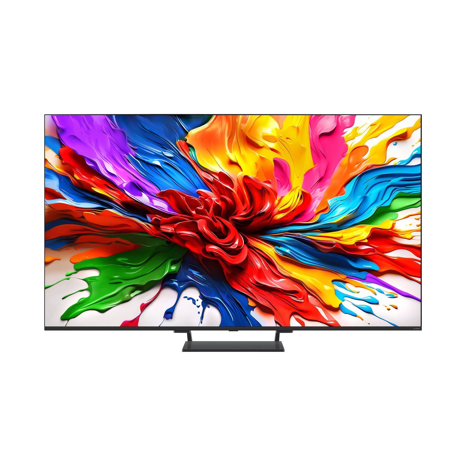 Een kleurrijk schilderij weergegeven op een grote tv, met een zwarte standaard.