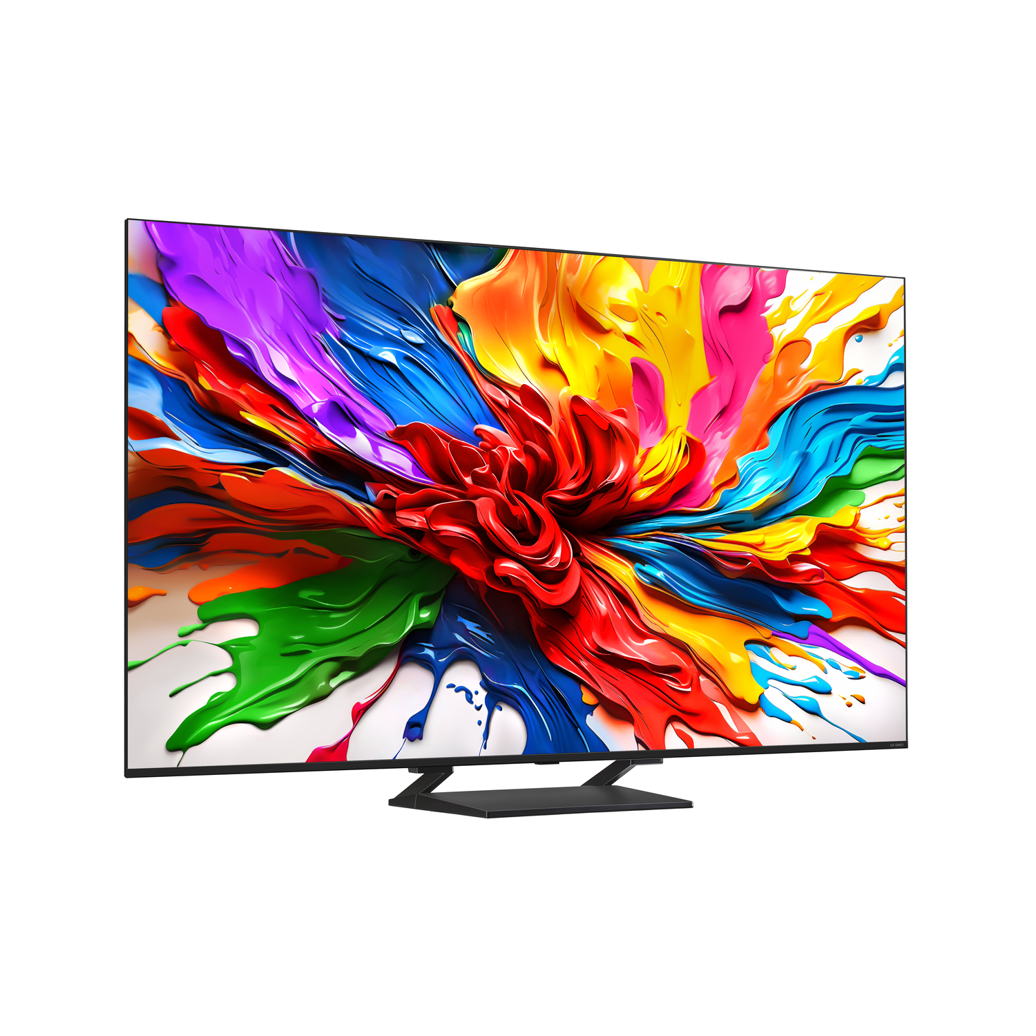 Een grote tv met een kleurrijk abstract ontwerp op het scherm, met een zwarte standaard.