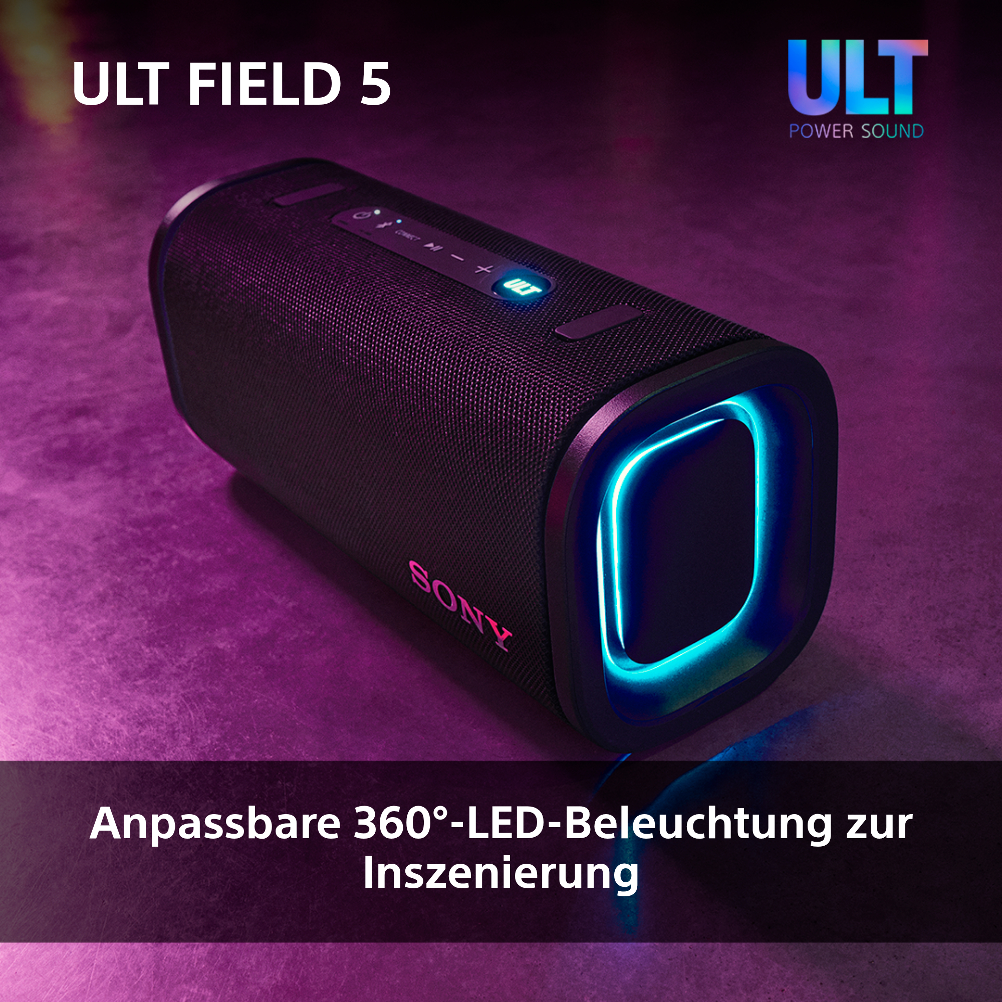 Schwarzer Lautsprecher mit 360°-LED-Beleuchtung.
