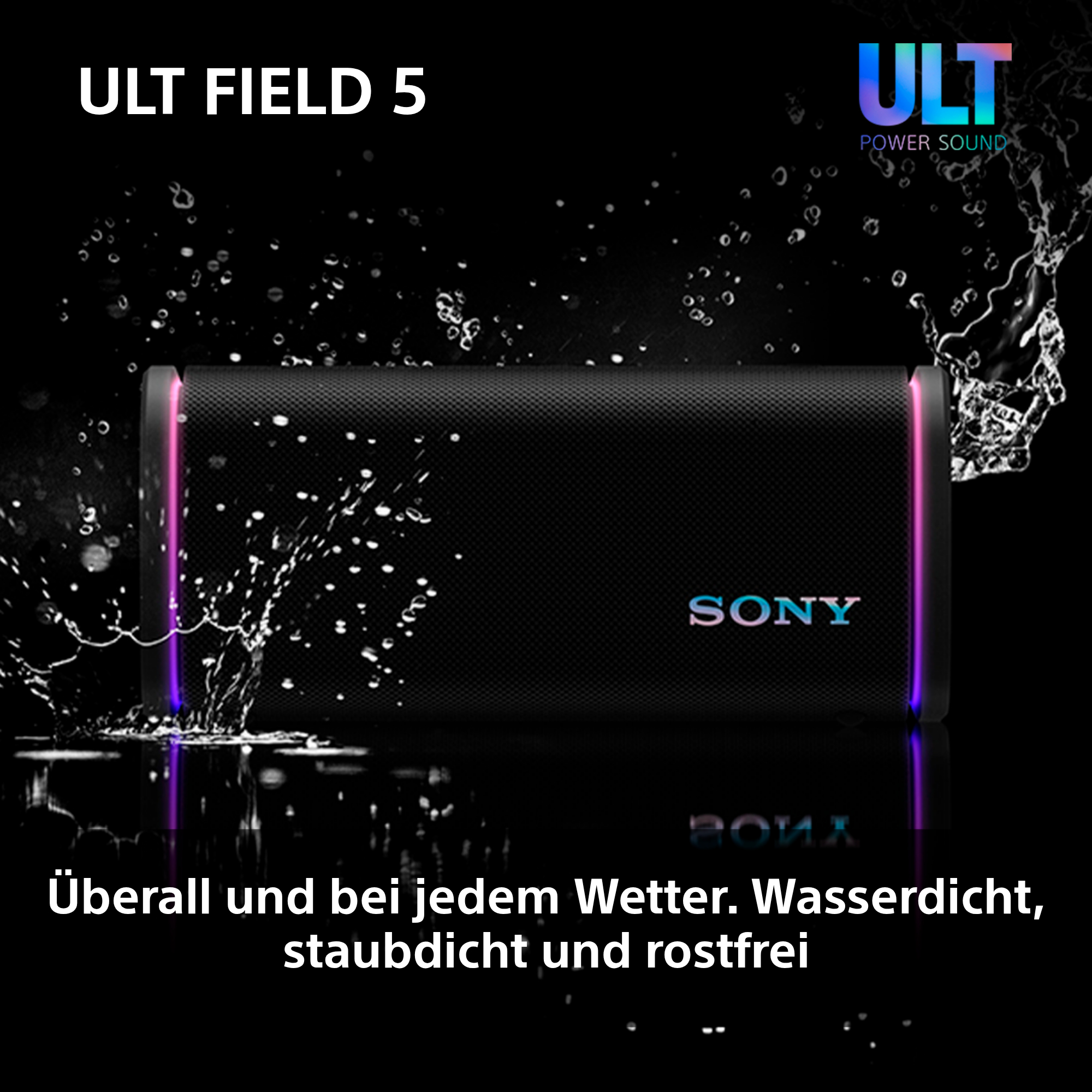 Schwarzer Lautsprecher mit Wasserspritzeffekt und Sony-Logo.