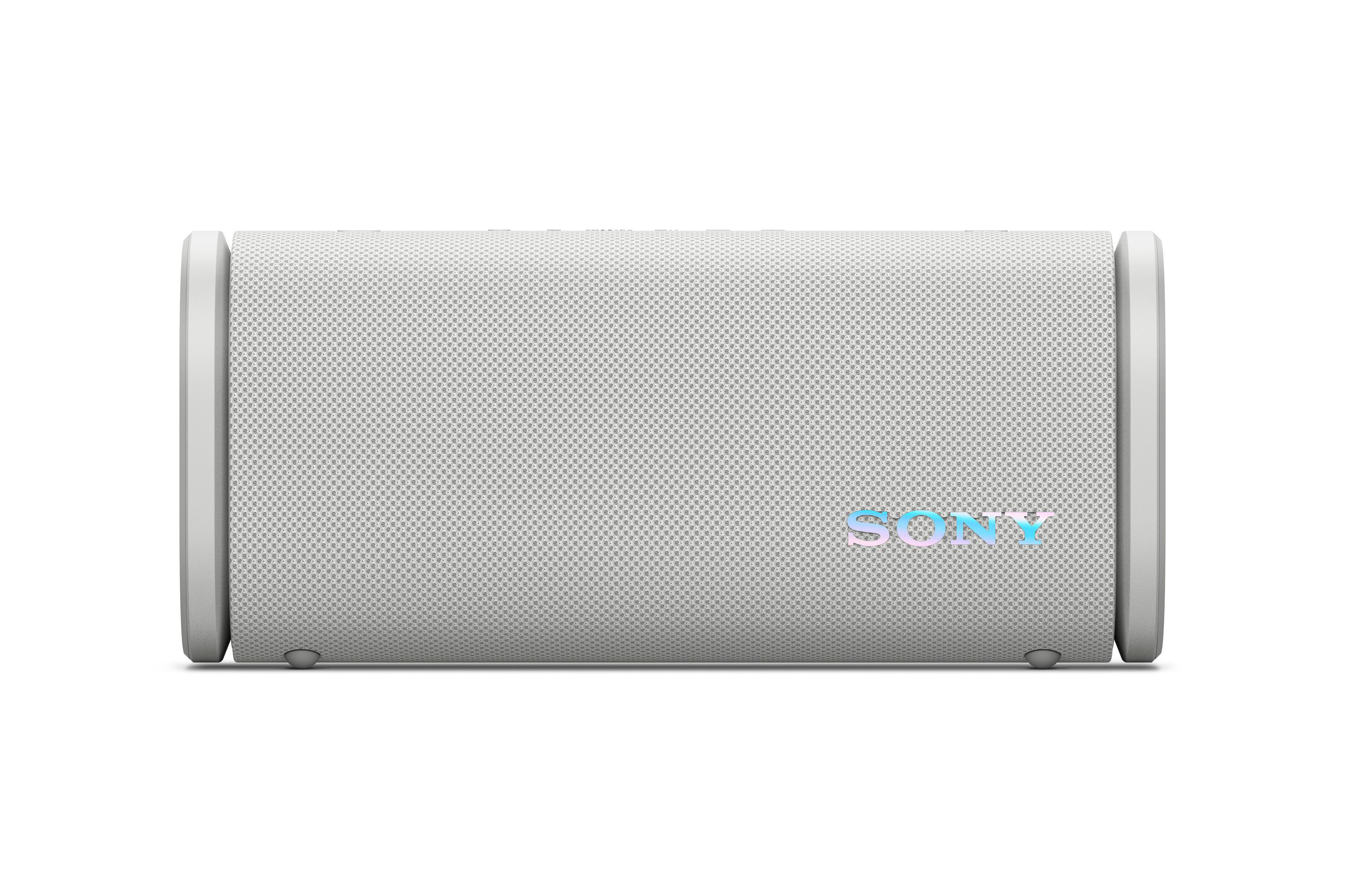 Ein grauer Sony-Lautsprecher, von vorne betrachtet. Das Sony-Logo ist sichtbar.