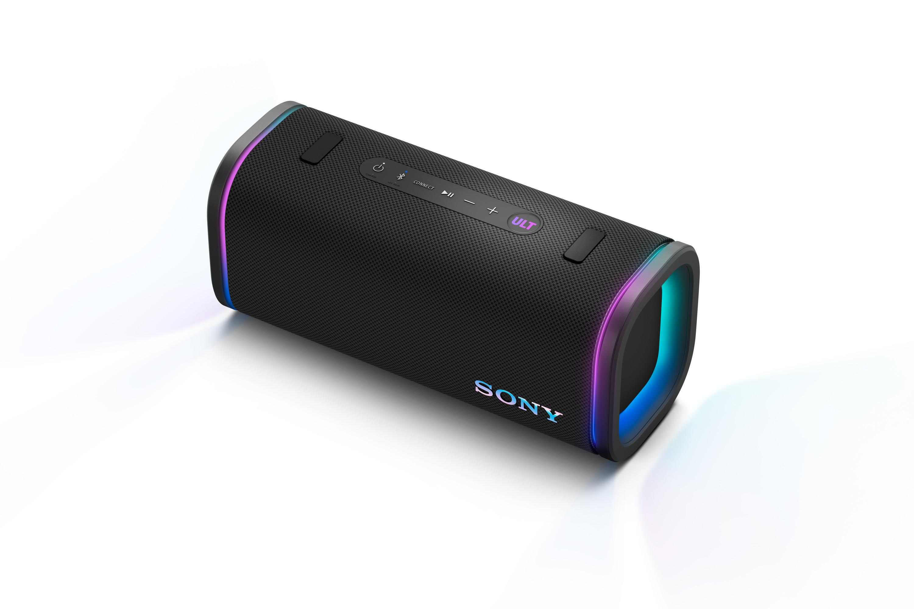 Schwarzer, zylindrischer Sony-Lautsprecher mit farbigen Lichtakzenten und Bedientasten.