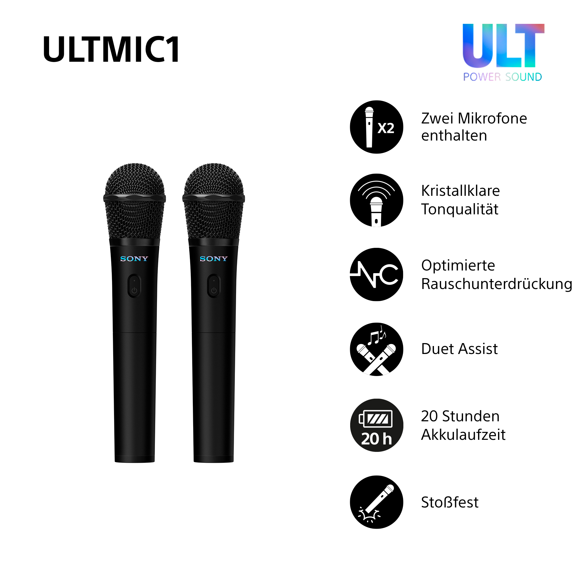 Zwei schwarze Mikrofone mit Textlabels, die Funktionen wie „2 Mikrofone“ und „20 Stunden Akku“ zeigen.