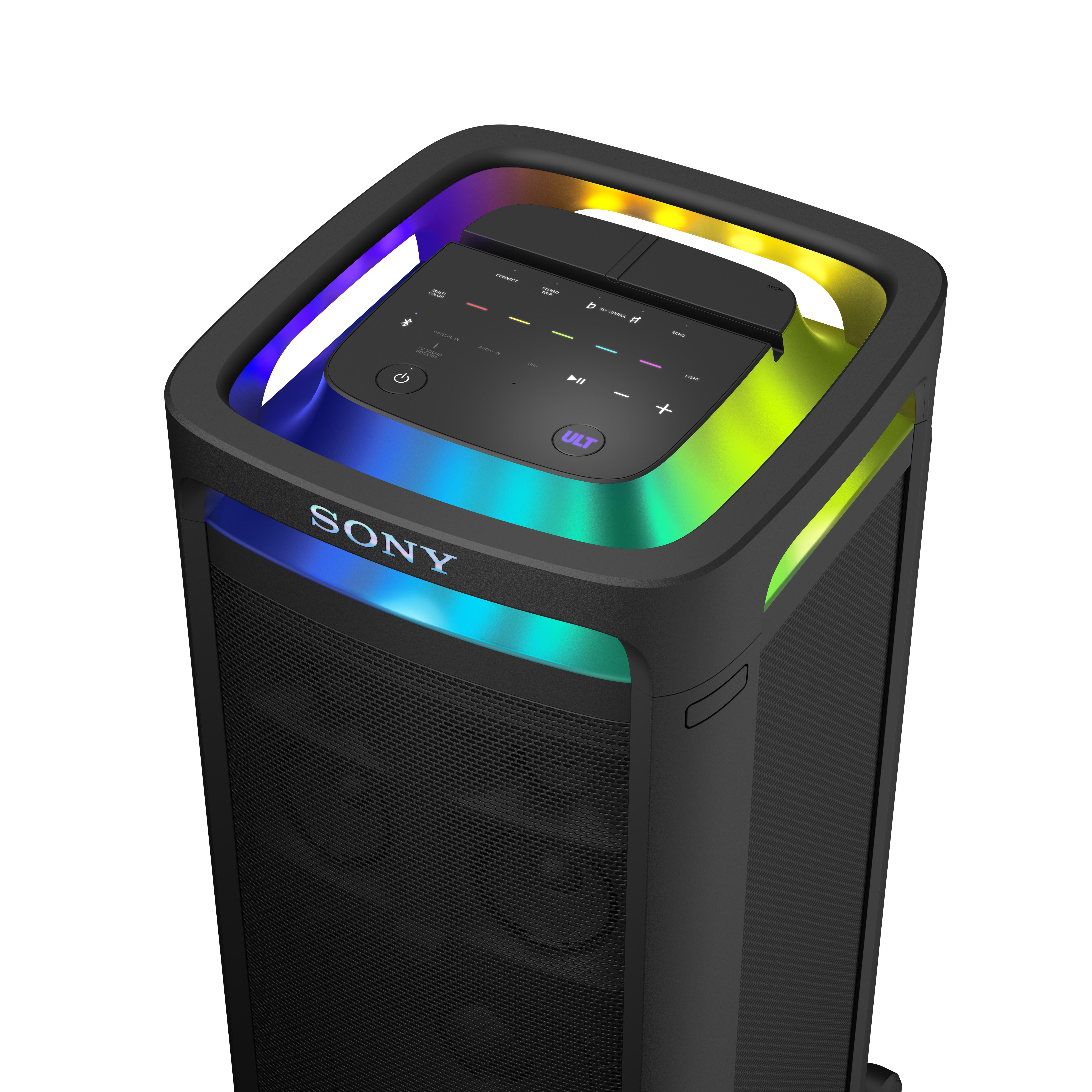 Ein schwarzer Sony-Lautsprecher mit bunten Lichtern am oberen Rand.