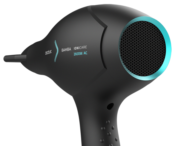 Wyświetlany jest czarny suszarka do włosów z napisem Bamba Ionicare 2600W AC.