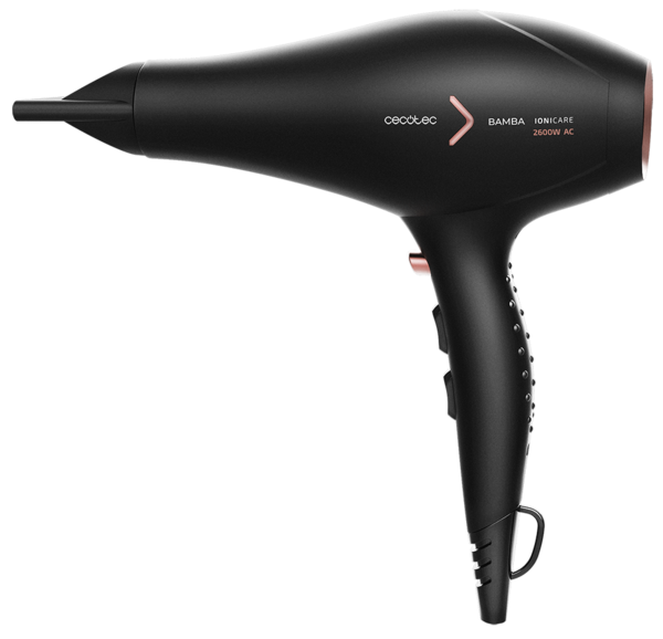 Czarna suszarka do włosów ze złotymi akcentami, na czarnym tle.