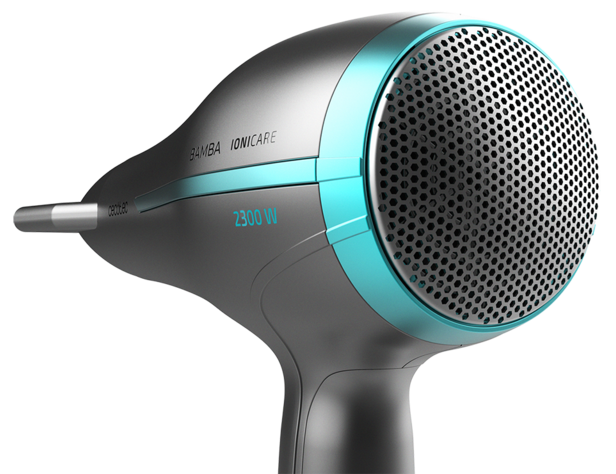 Zbliżenie czarno-szarej suszarki do włosów z turkusowym akcentem i logo.
