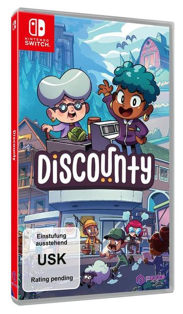 Eine Nintendo Switch Spielverpackung von Discounty, Cartoon-Grafiken.