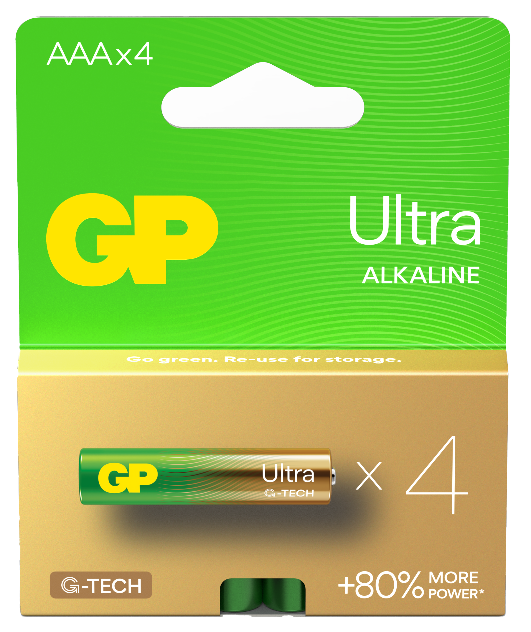 AAAx4 GP Ultra Alkaline pil paketi, yeşil ve altın renk şeması.