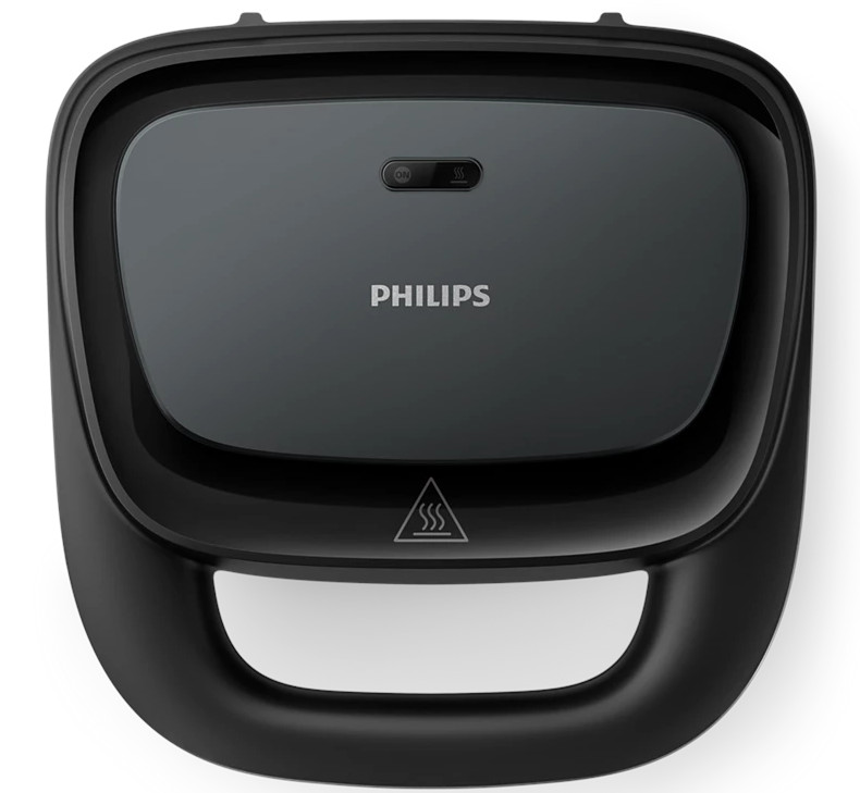 Czarny opiekacz do kanapek Philips. Widok z góry, uchwyt. Przycisk włącz/wyłącz. Symbol gorącej powierzchni.