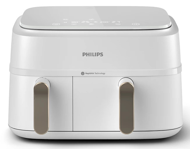 Biała frytkownica powietrzna z dwoma uchwytami. Panel sterowania jest na górze.