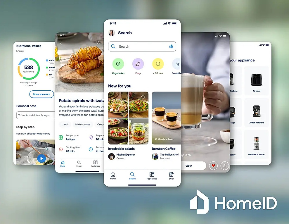 Wiele ekranów telefonów pokazujących przepisy i interfejs aplikacji.