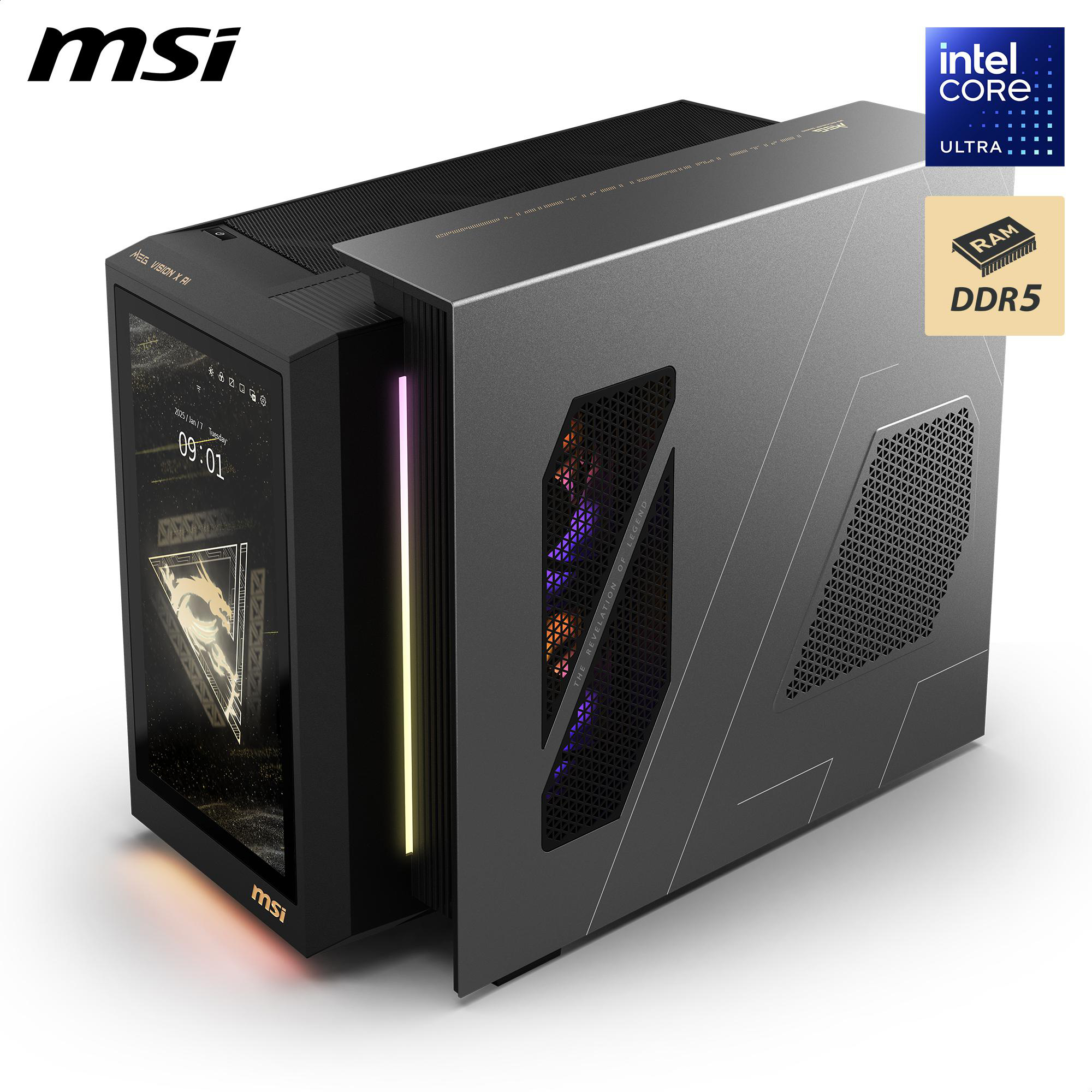MSI Gaming-PC-Gehäuse, schwarz und grau. Transparente Seitenwand, Innenbeleuchtung, Intel- und DDR5-Logos.