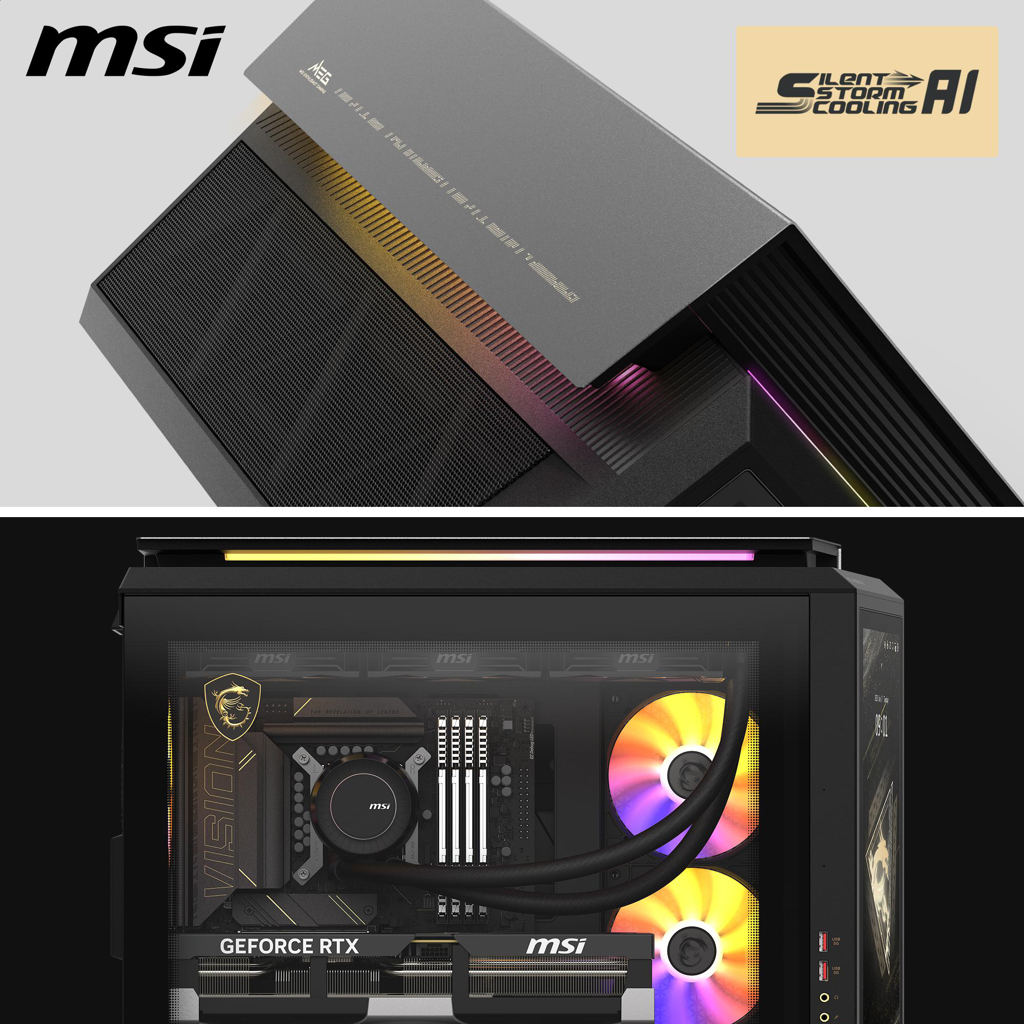Computerkomponenten mit schwarzem Gehäuse. Es hat farbige Lichter und MSI-Logo.