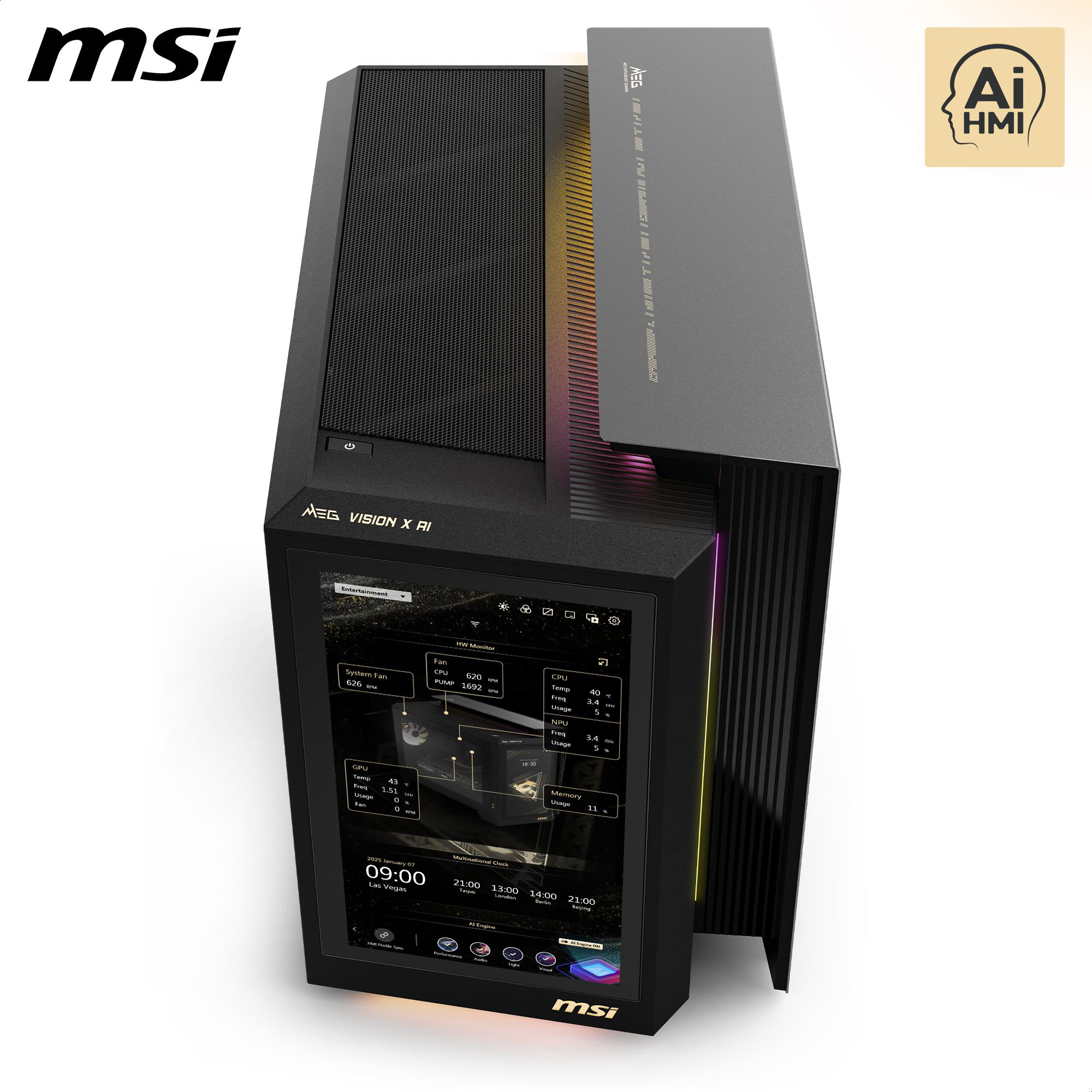 MSI-Computergehäuse mit Bildschirm, schwarz-graues Design. AI HMI-Logo.