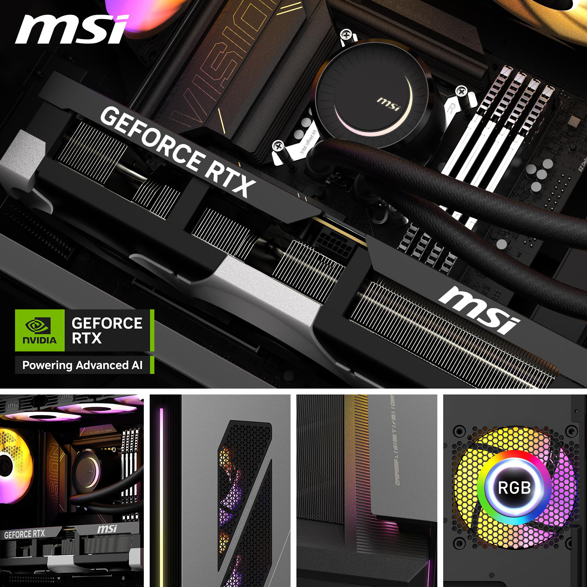Eine MSI Geforce RTX Grafikkarte mit mehreren detaillierten Nahaufnahmen der Komponenten.