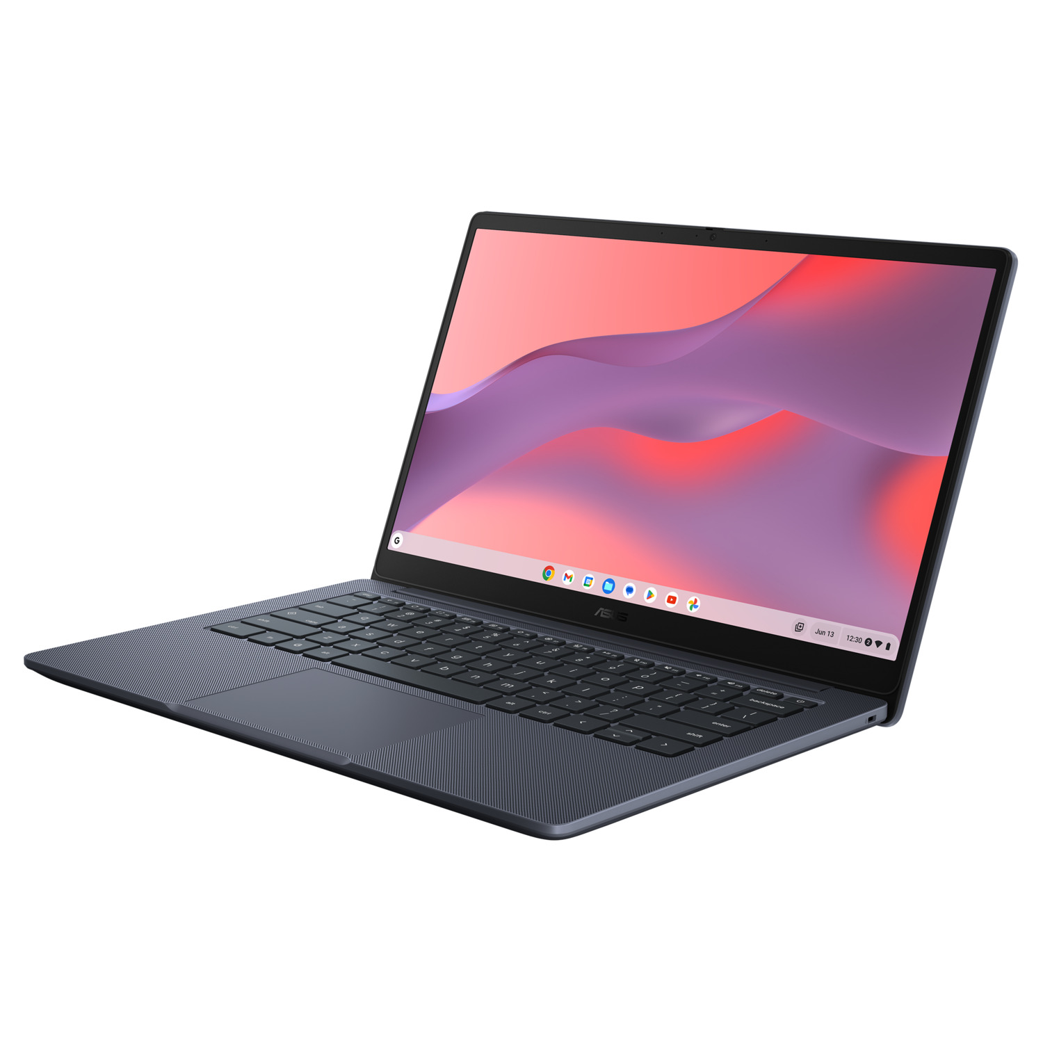 A dark blue laptop is open, displaying a pink and purple abstract background. The keyboard and screen are visible, set on a white background.