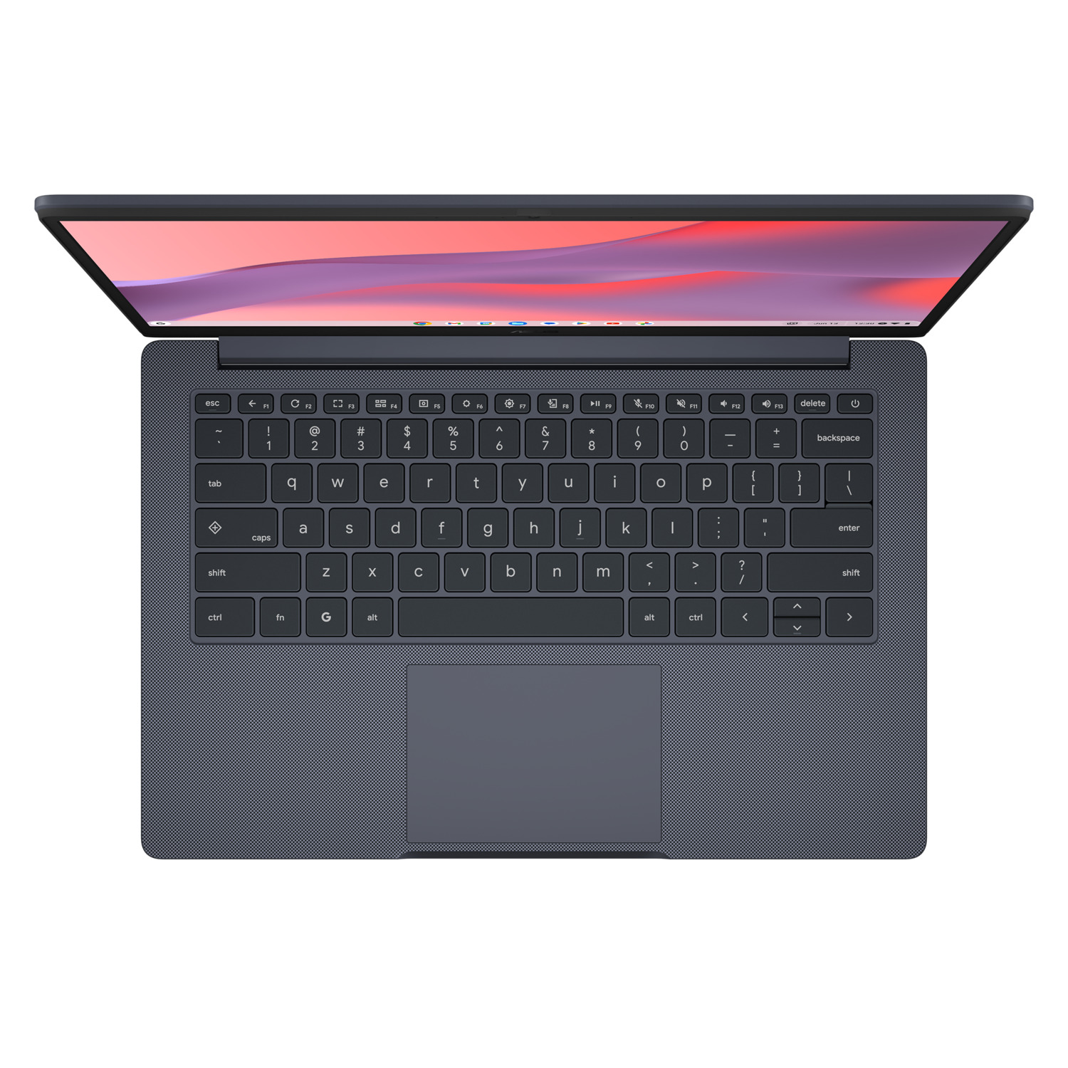 A dark gray laptop is open, displaying a colorful screen. The keyboard is visible. The background is white.