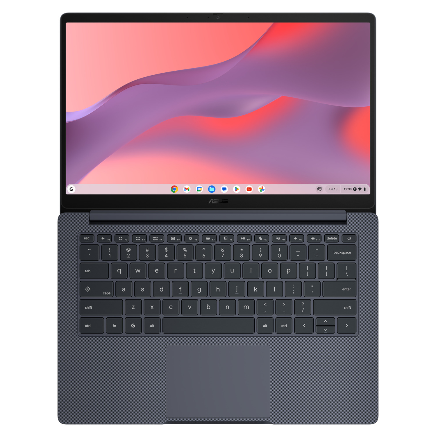 A laptop with a dark gray keyboard and a screen showing a colorful abstract design. The laptop is open and ready for use.