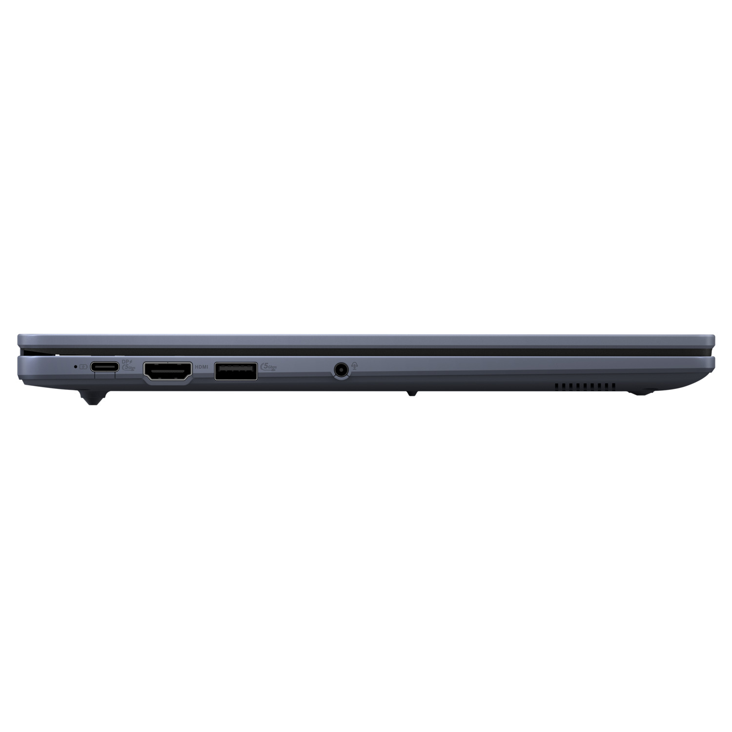 Side view of a blue laptop. Visible ports include USB-C, HDMI, and audio jack. The side is flat with a few vents.