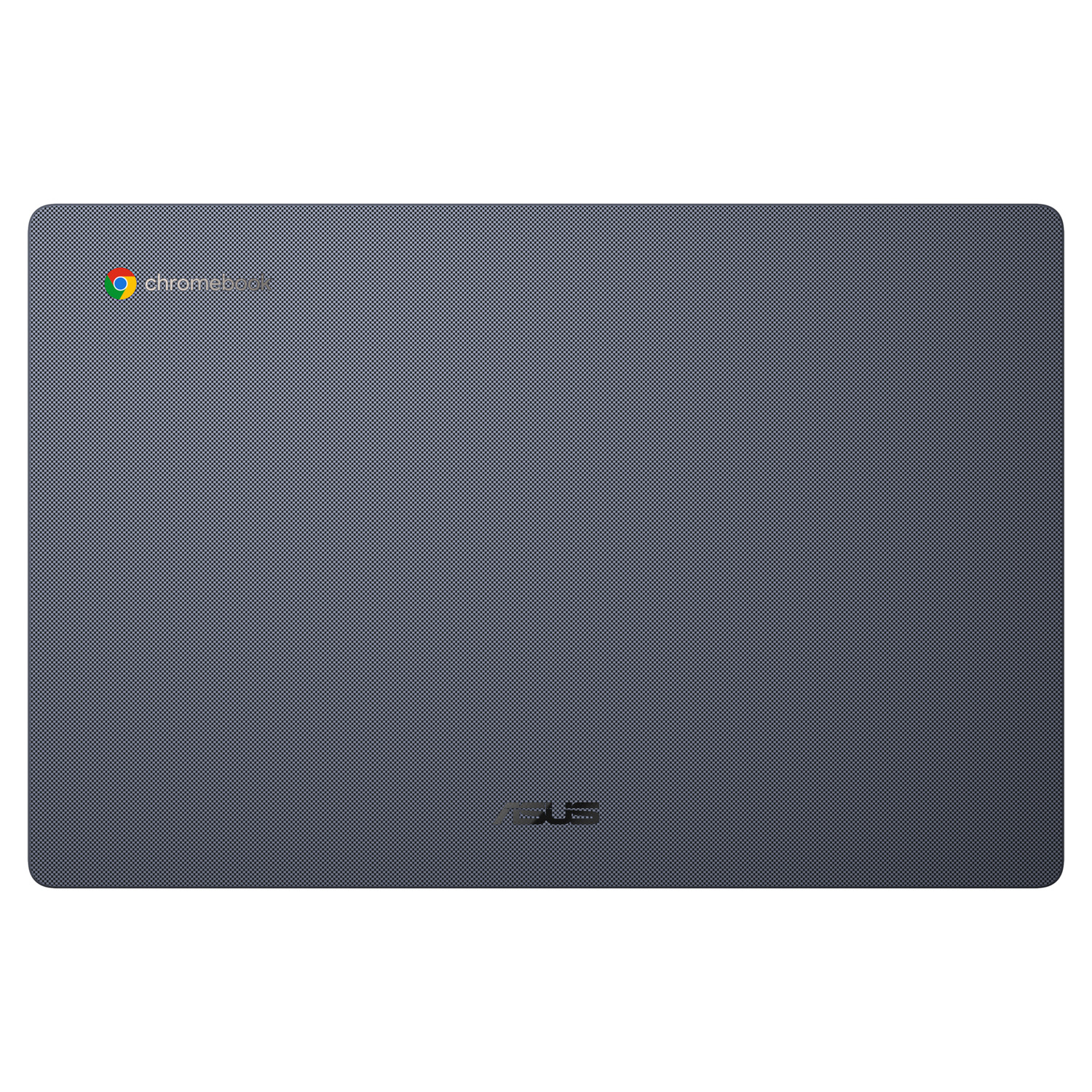 A closed laptop with a textured, dark gray surface. The Chromebook logo is in the top left, and ASUS is at the bottom.
