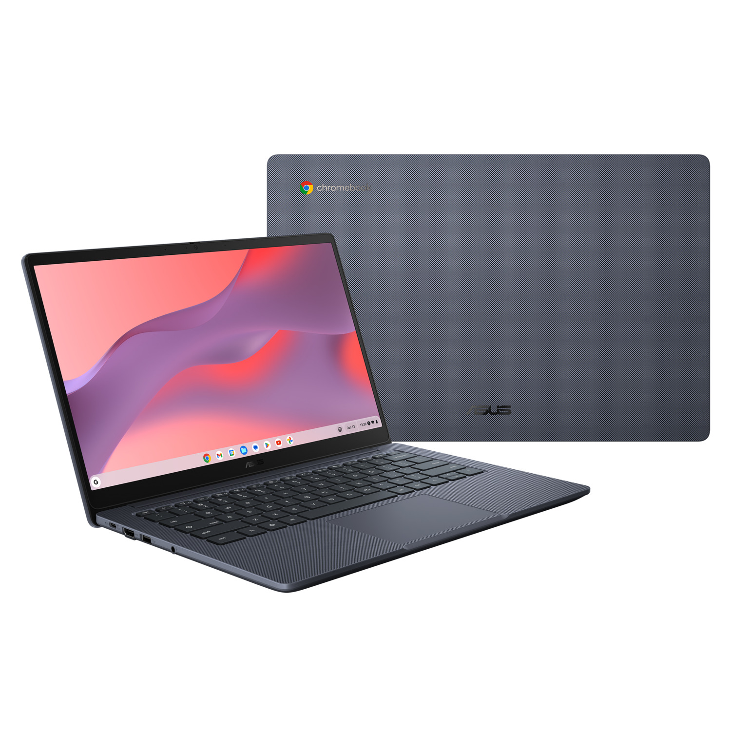 A dark blue Asus Chromebook laptop is open, showing its screen. A second laptop is closed behind it. The background is white.