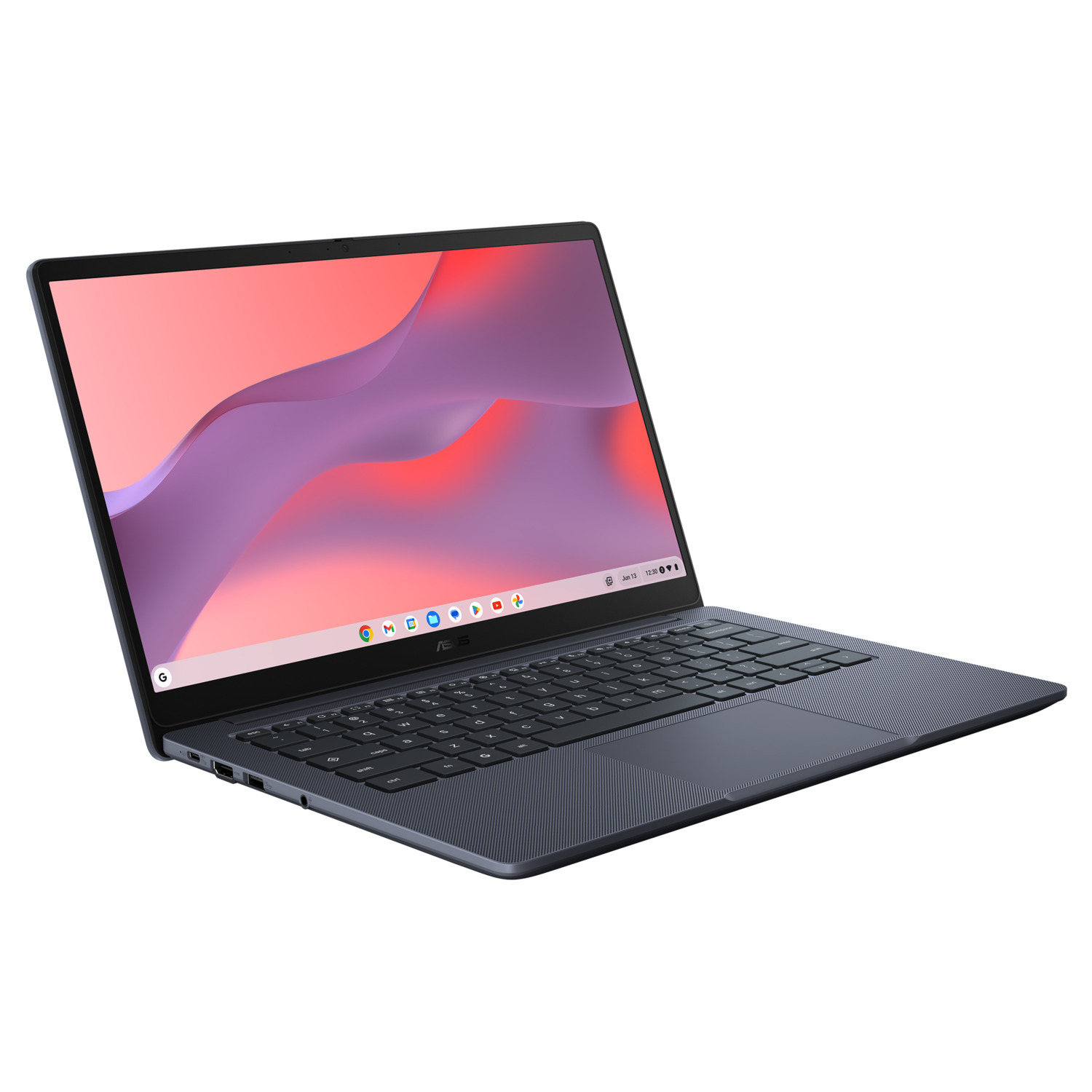 A dark gray laptop is slightly open, displaying a colorful abstract wallpaper. The keyboard is visible. The background is white.