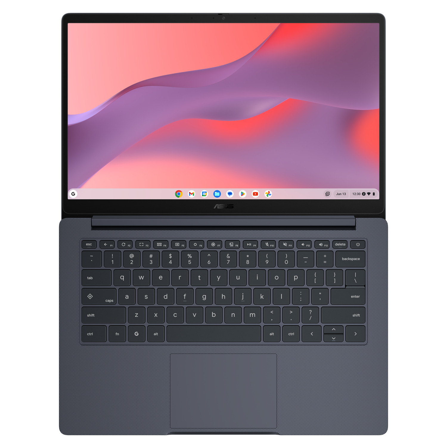 A grey ASUS laptop is open, displaying a colorful abstract background. The keyboard is visible, with a touchpad below.