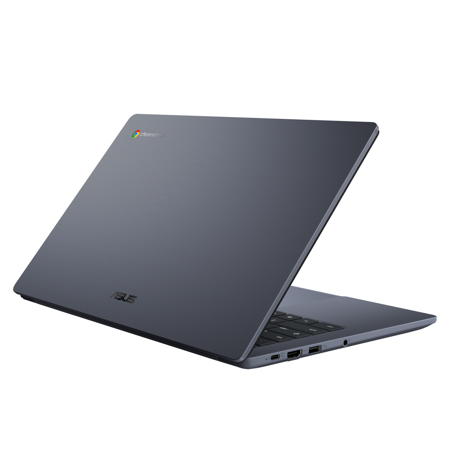 A dark gray ASUS Chromebook laptop is slightly open. The chrome logo is visible on the top left corner, and the ASUS logo.