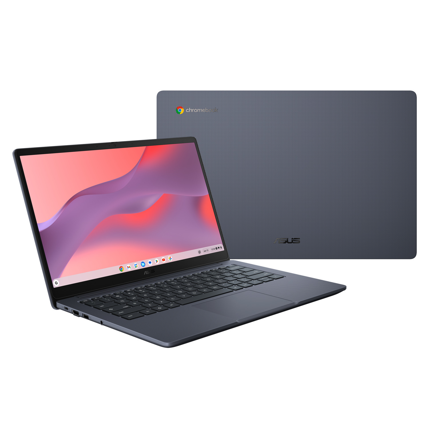 A dark blue Asus Chromebook laptop is open, showing a colorful screen. A closed laptop is behind it. The background is white.