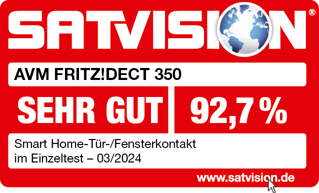 Ein rot-weißes Schild mit Text über ein Smart-Home-Gerät und einen Prozentsatz.