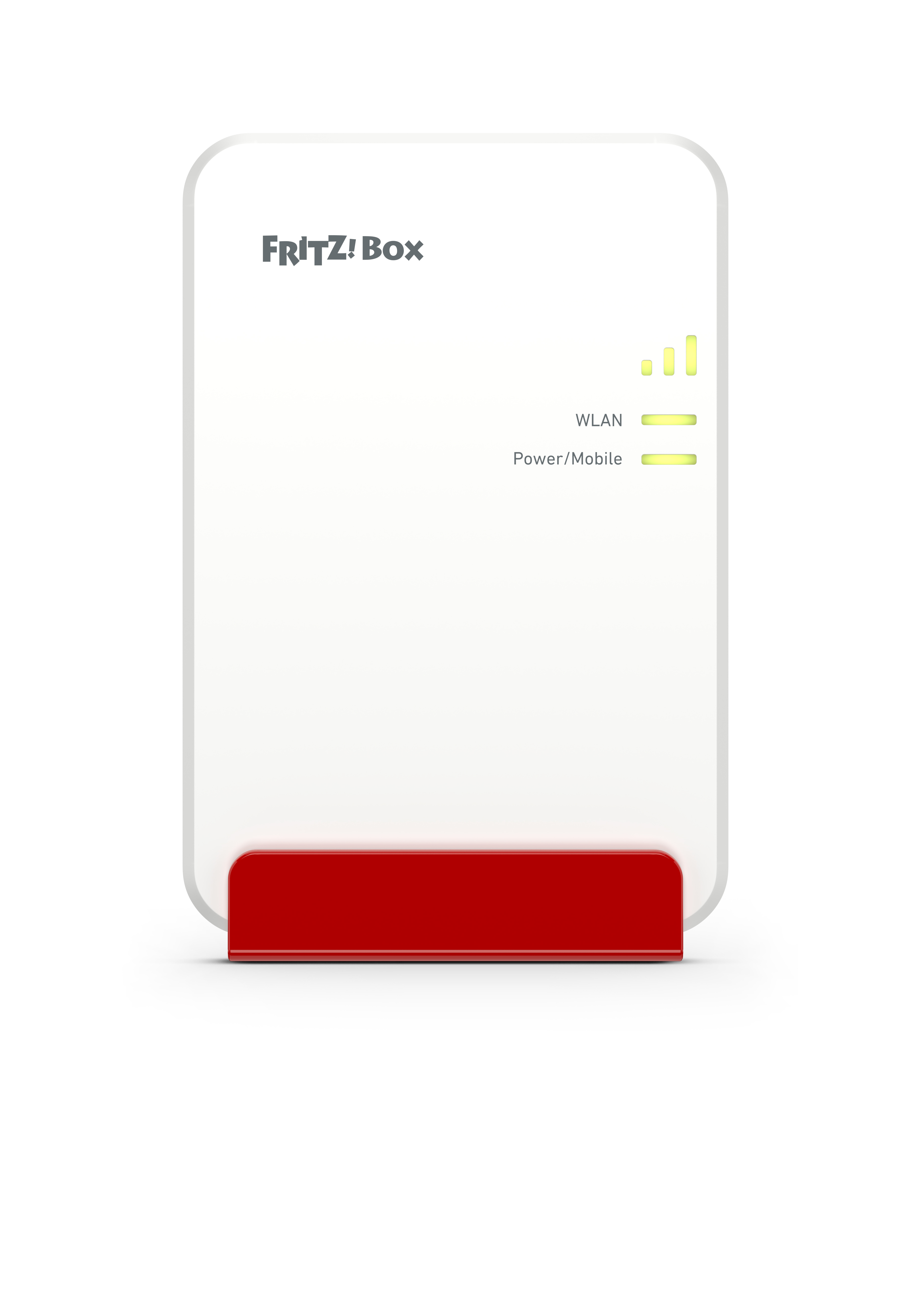 Weißer Router mit roter Basis. Der Router hat drei Kontrollleuchten und ein Frit!Box-Logo.