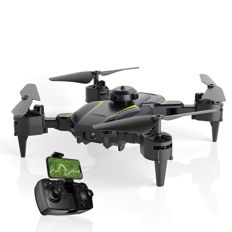 Uzaktan kumandalı ve harita gösteren telefonlu siyah ve sarı drone.
