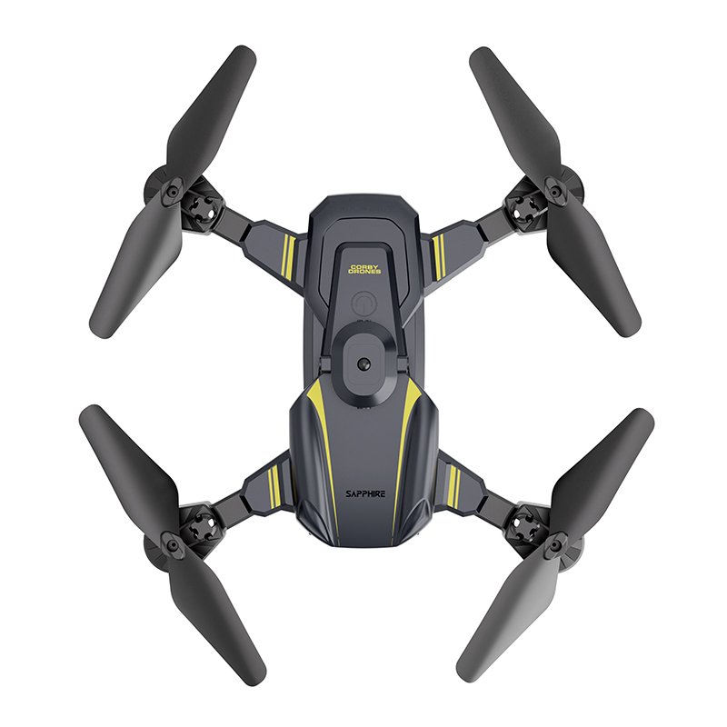 Beyaz bir arka plan üzerinde, yukarıdan görülen siyah ve sarı bir drone.