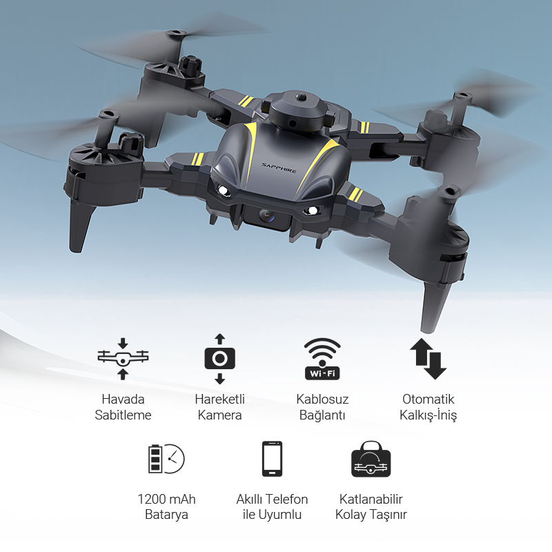 Sarı şeritli siyah bir drone, havada asılı duruyor, özelliklerini gösteren simgelerle.