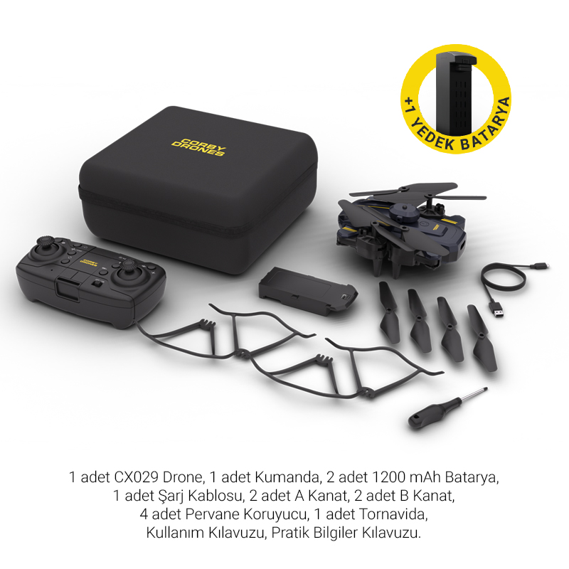 Drone, kontrolör, pil ve aksesuarlarla drone kiti.