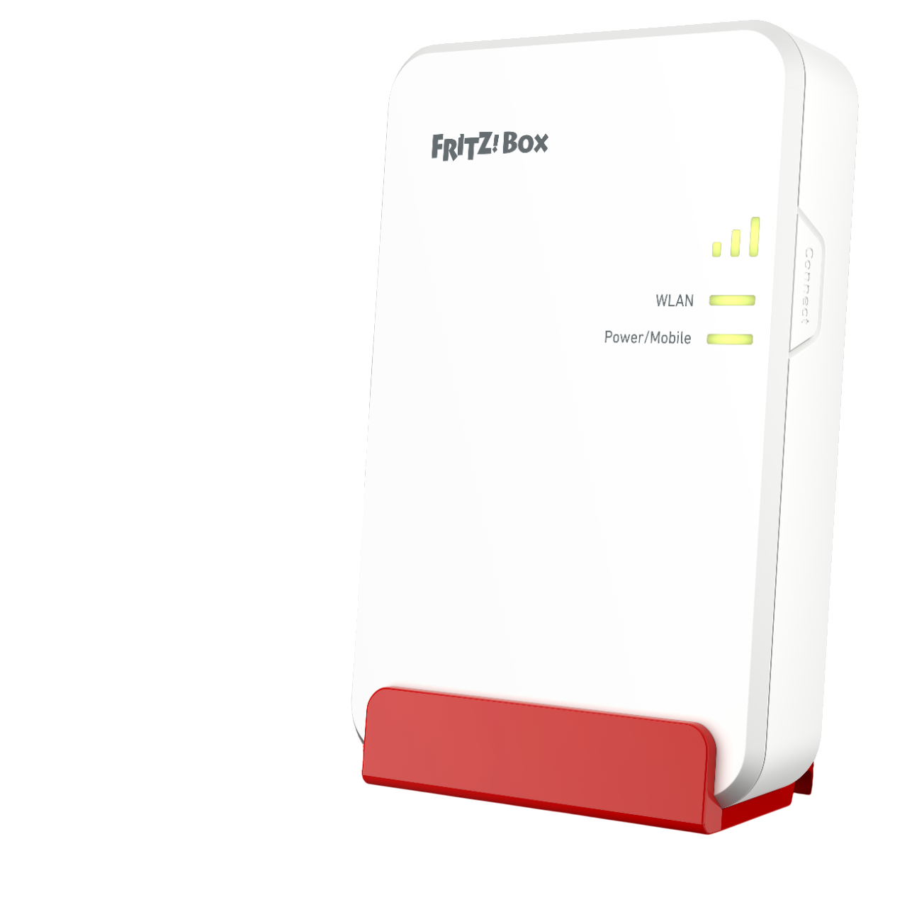 Weißer WLAN-Router mit roter Basis, mit Lichtern und dem Text FRITZ!Box.