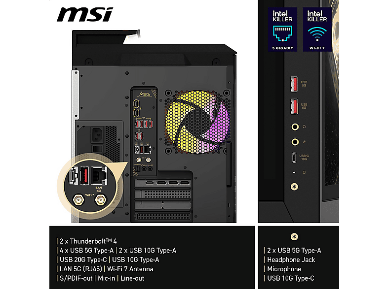 MSI MEG Vision X AI 2NVV7-008D Gaming PC, Intel® Core™ Ultra 7 Prozessor 265K (30 MB Cache, bis zu 5,50 GHz), 32 GB RAM SSD, GeForce RTX™ 5080, Windows 11 Home, Schwarz — Foto 3 von 5