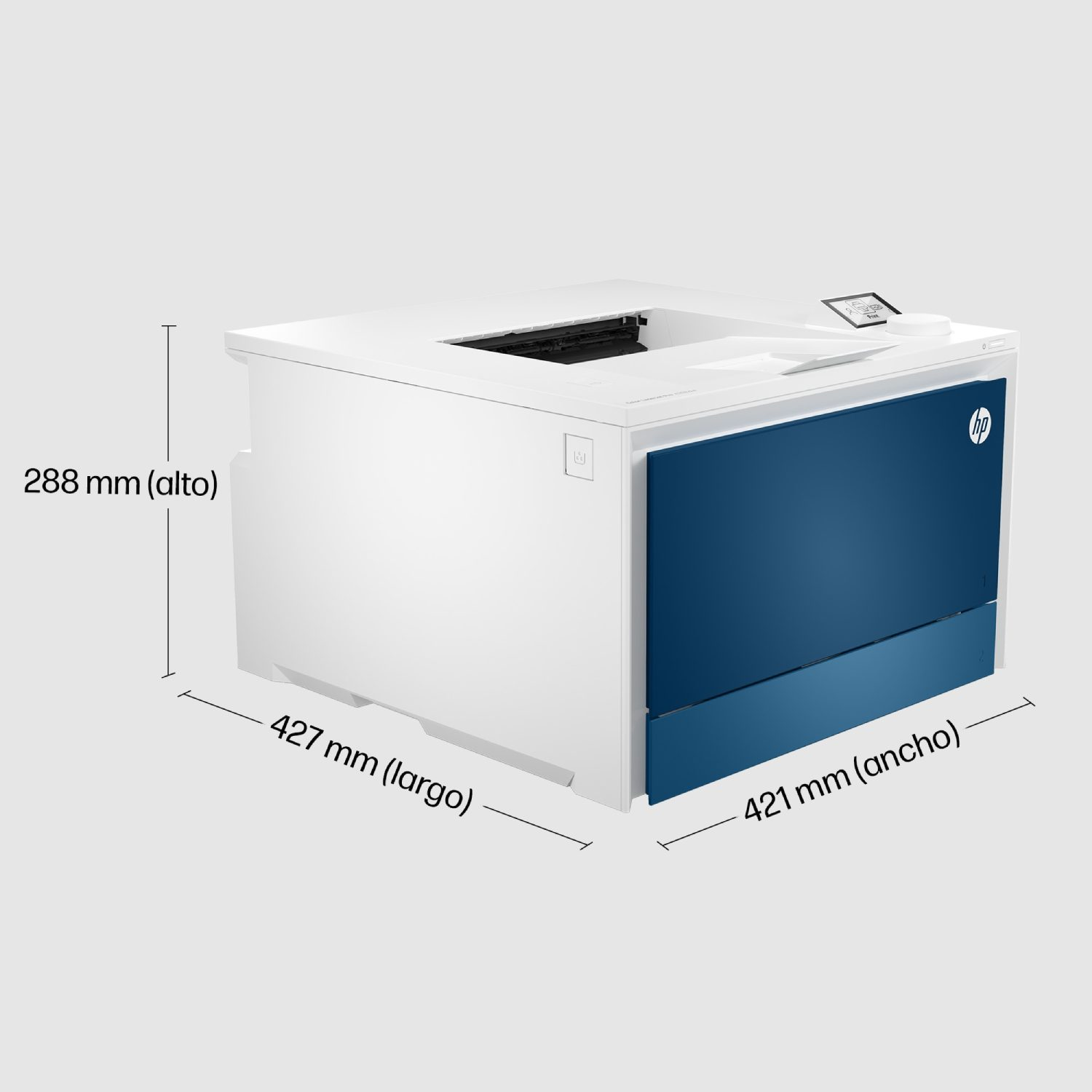 Impresora blanca y azul. Dimensiones: 427mm largo, 421mm ancho, 288mm alto.