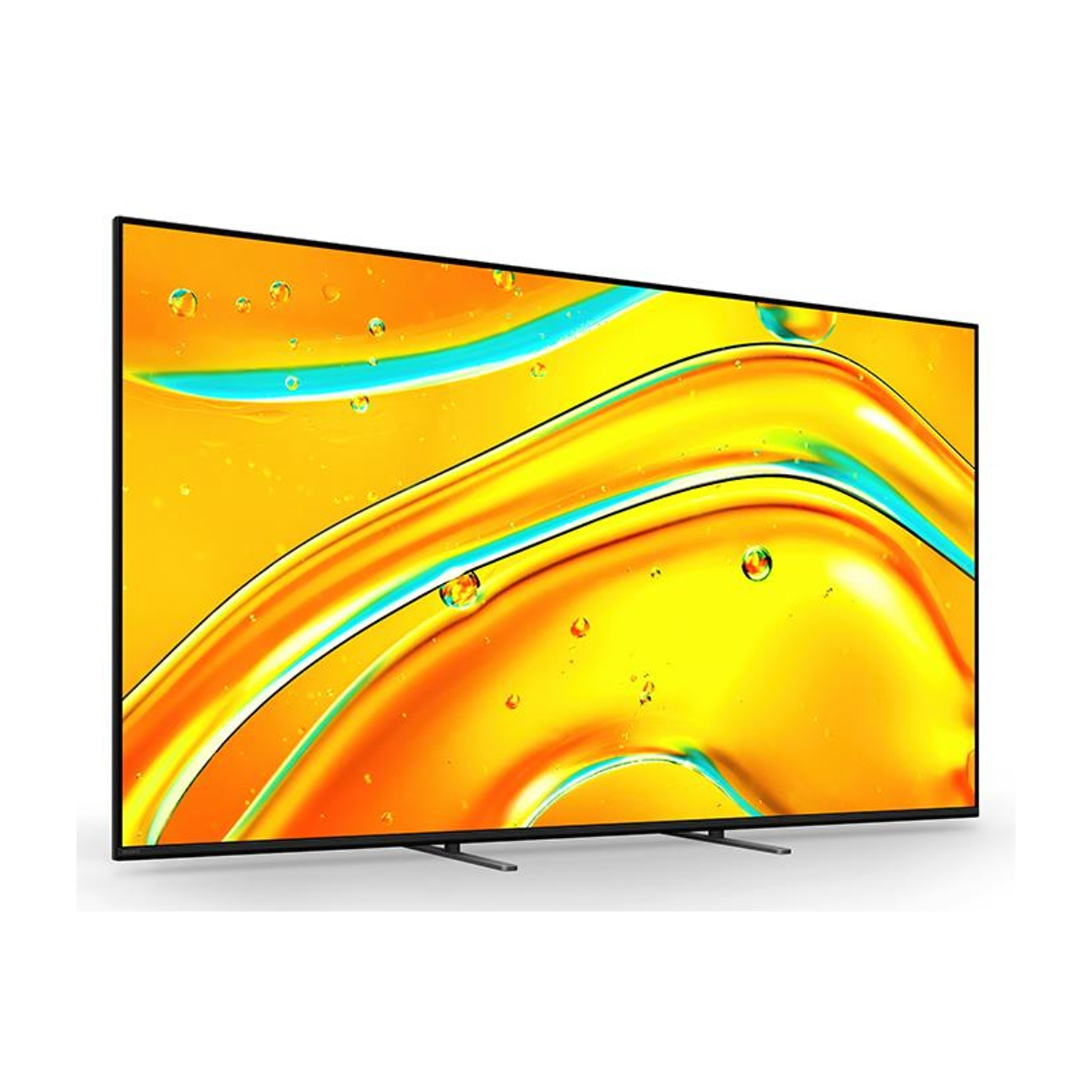 Grande TV a schermo piatto con uno sfondo astratto giallo e arancione. È su uno sfondo bianco.