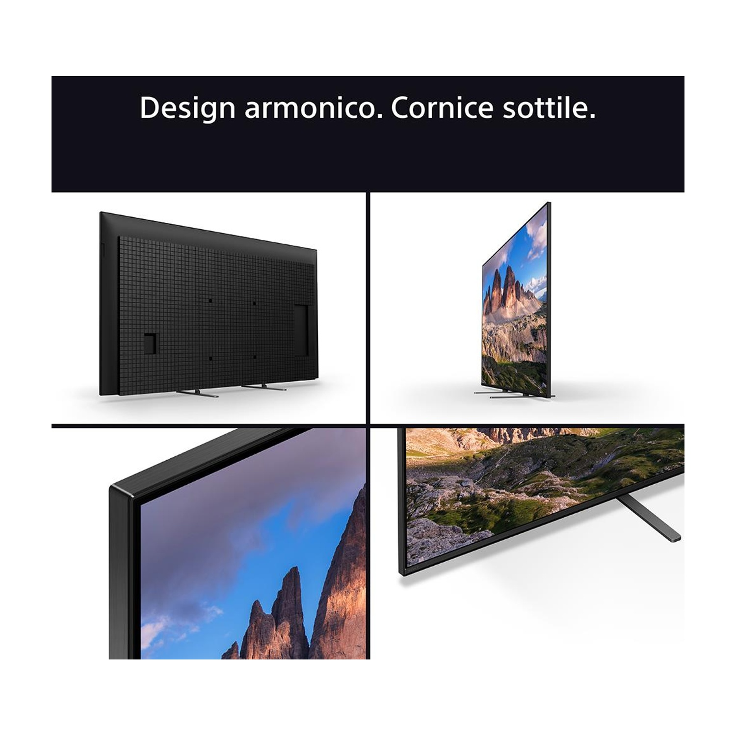 Uno schermo TV con una sottile cornice nera. Il display mostra più viste da diverse angolazioni.