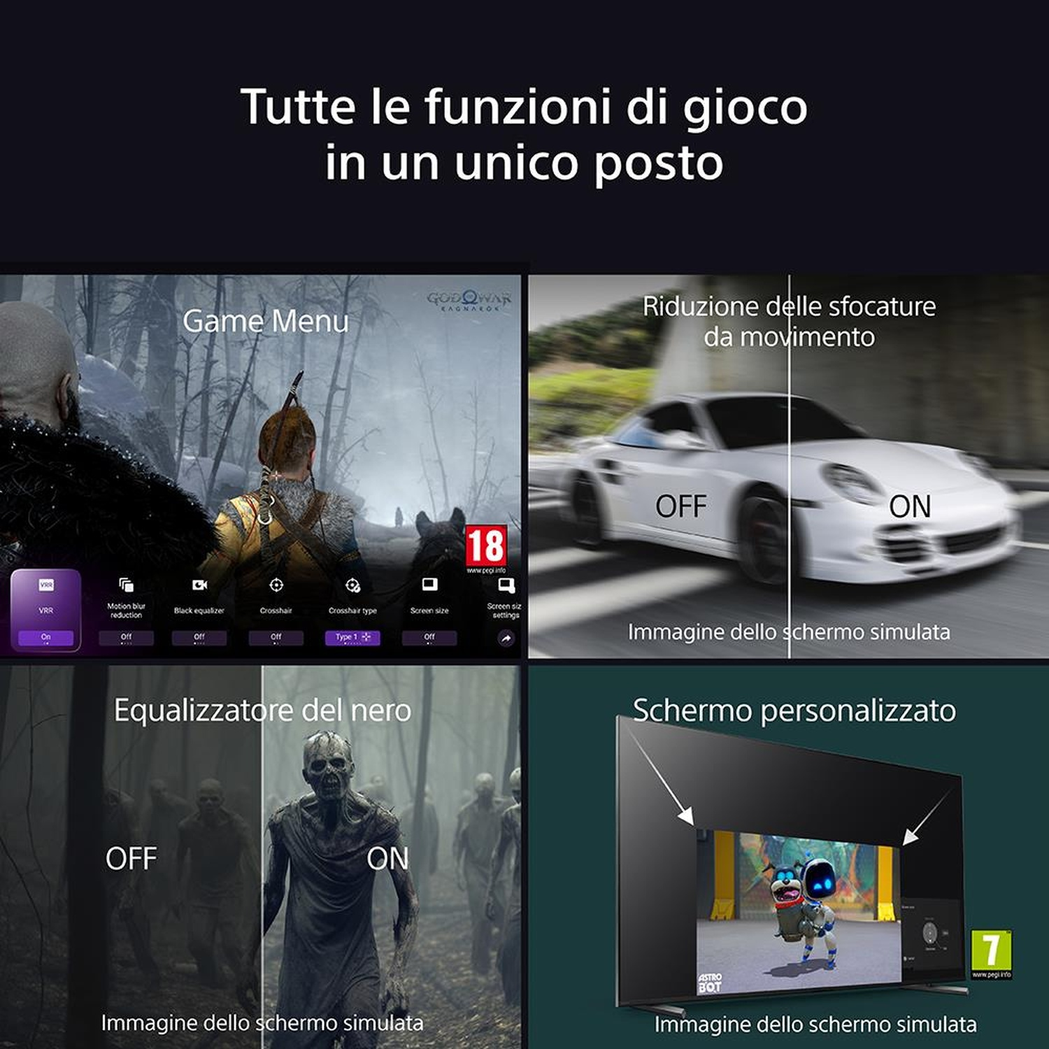 Monitor da gioco con funzionalità, un menu di gioco e un'immagine dello schermo simulata.