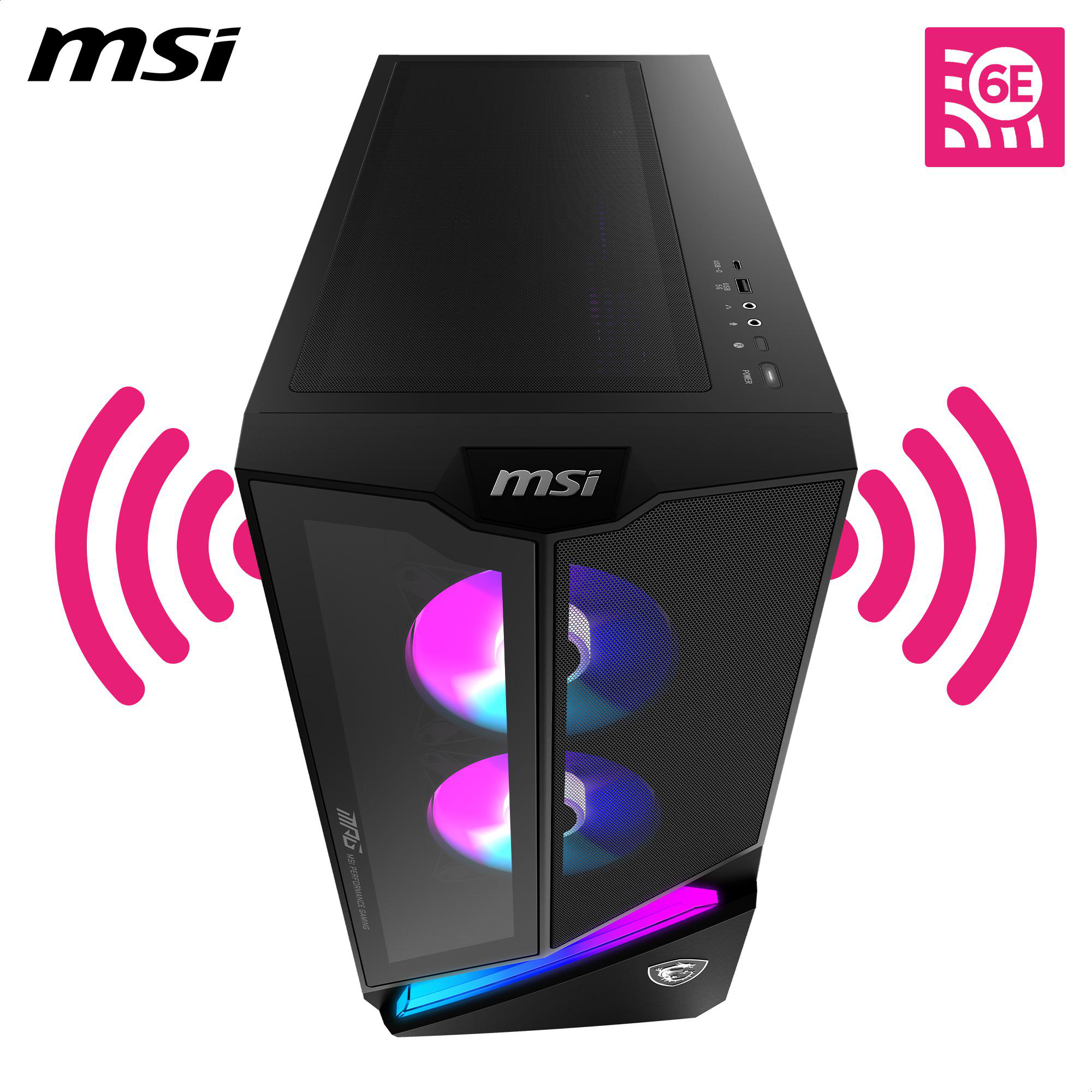 MSI Gaming-PC-Gehäuse aus der Schrägansicht. Rosa Schallwellengrafik. RGB-Lüfter und Komponenten sichtbar.