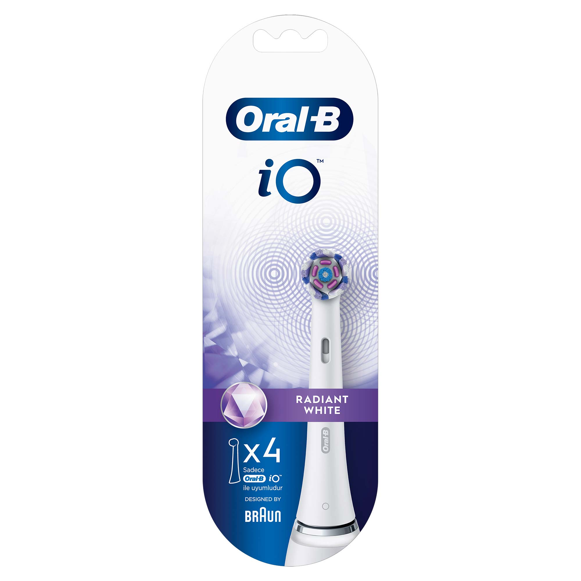 Oral-B diş fırçası başlığı yedek paketi, dört başlık, beyaz ve mor.