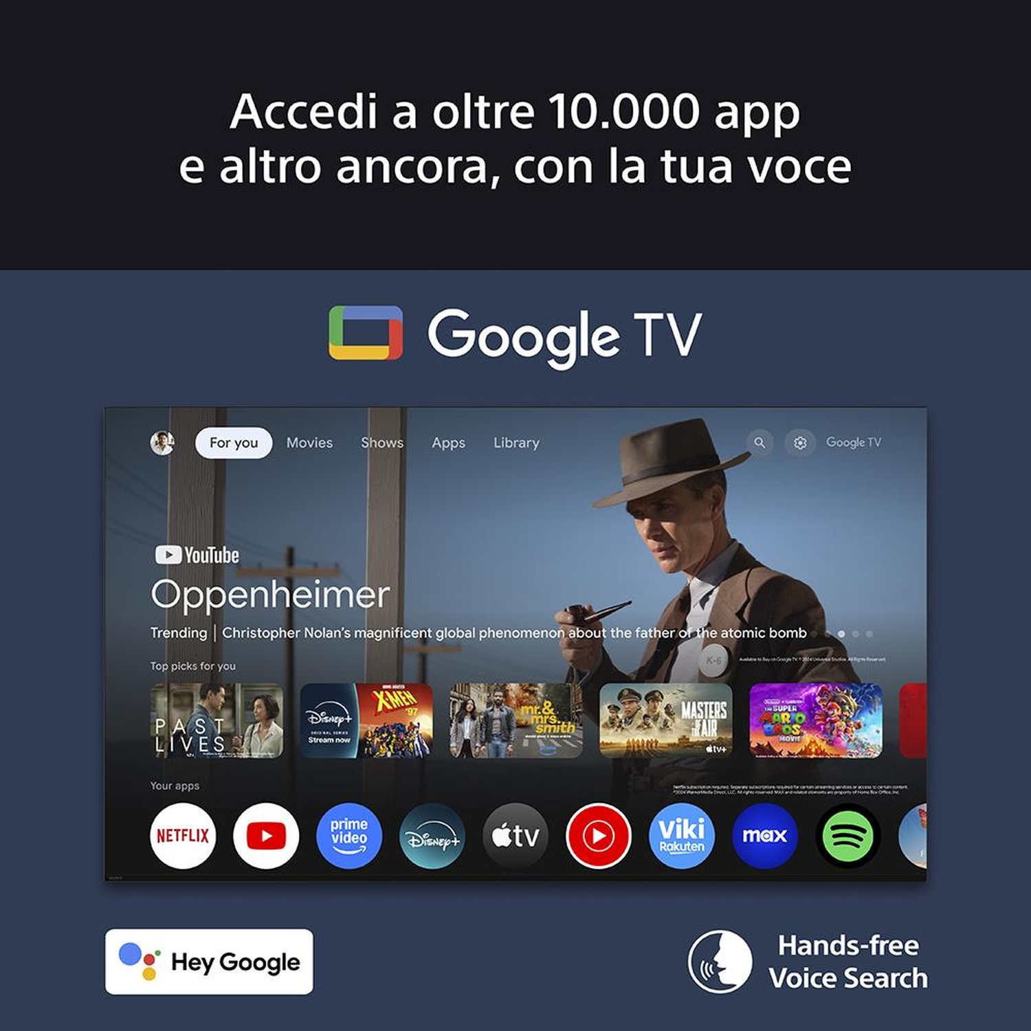 Google TV sullo schermo, mostra le icone delle app. Uomo con cappello guarda lo schermo. Testo: Accedi a oltre 10.000 app.